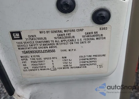 2003 GMC Yukon Denali z USA, uszkodzony, nr VIN 1GKEK63U53J258566